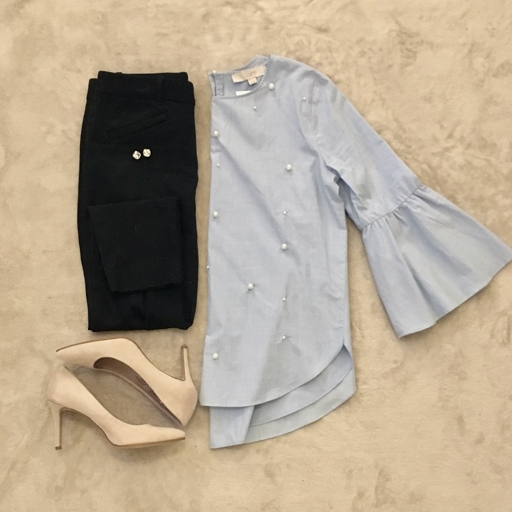 LOFT NWT Blue Bell Sleeve Blouse Pearl Detail